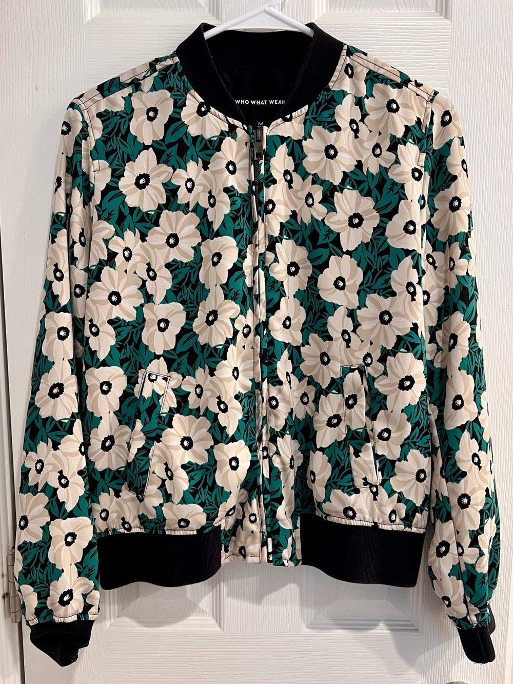 Who What Wear Green Floral Zip Bomber Jacket with Minimalist Cream Flowers